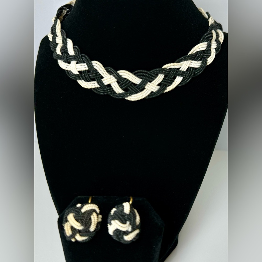 Vintage Braided Seed Bead Choker Matching Knotted Screw Back Earrings